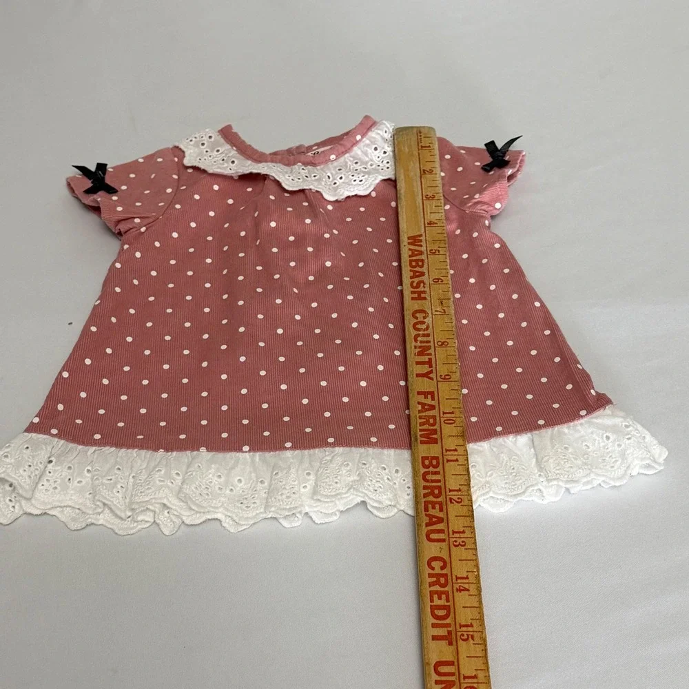 Little Lass Baby Pink Polka‎ Dot Corduroy Dress Eyelet Lace Collar Bows 6/9M